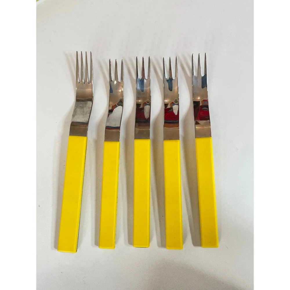 RARE Vintage Norway 18-8‎ Stainless Steel Appetizer Forks Yellow MCM Set of 5